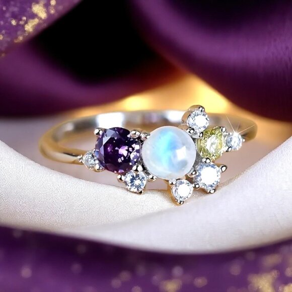 🆕️ S925 Sterling Silver Moonstone Ring Colorful CZ Cluster Delicate Size 7 - Picture 1 of 12